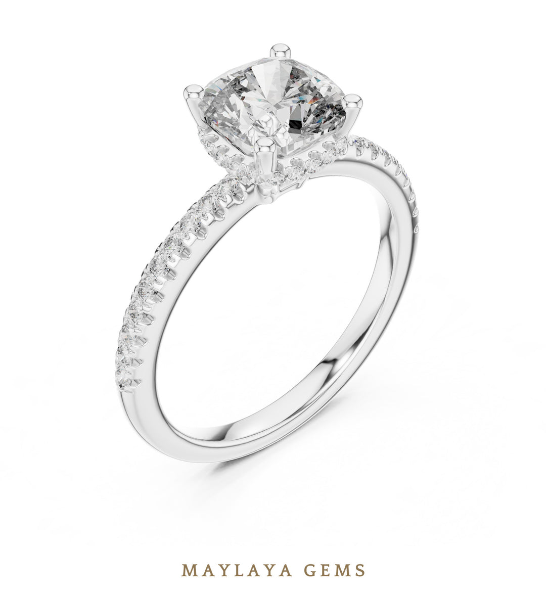Maylaya Gems cushion hidden halo lab-grown diamond ring in white gold