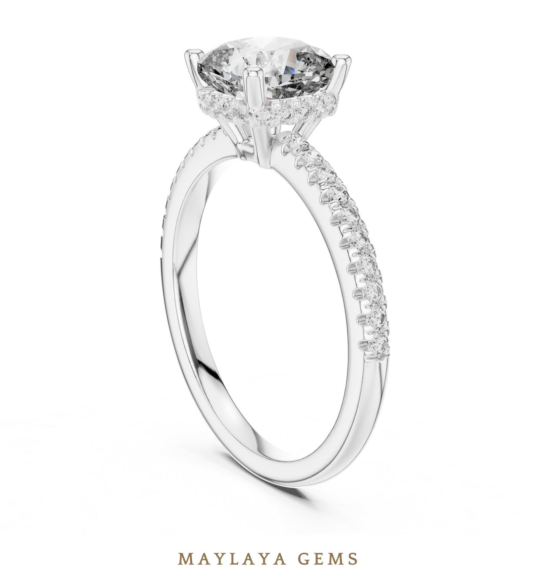 Maylaya Gems cushion hidden halo lab-grown diamond ring in white gold