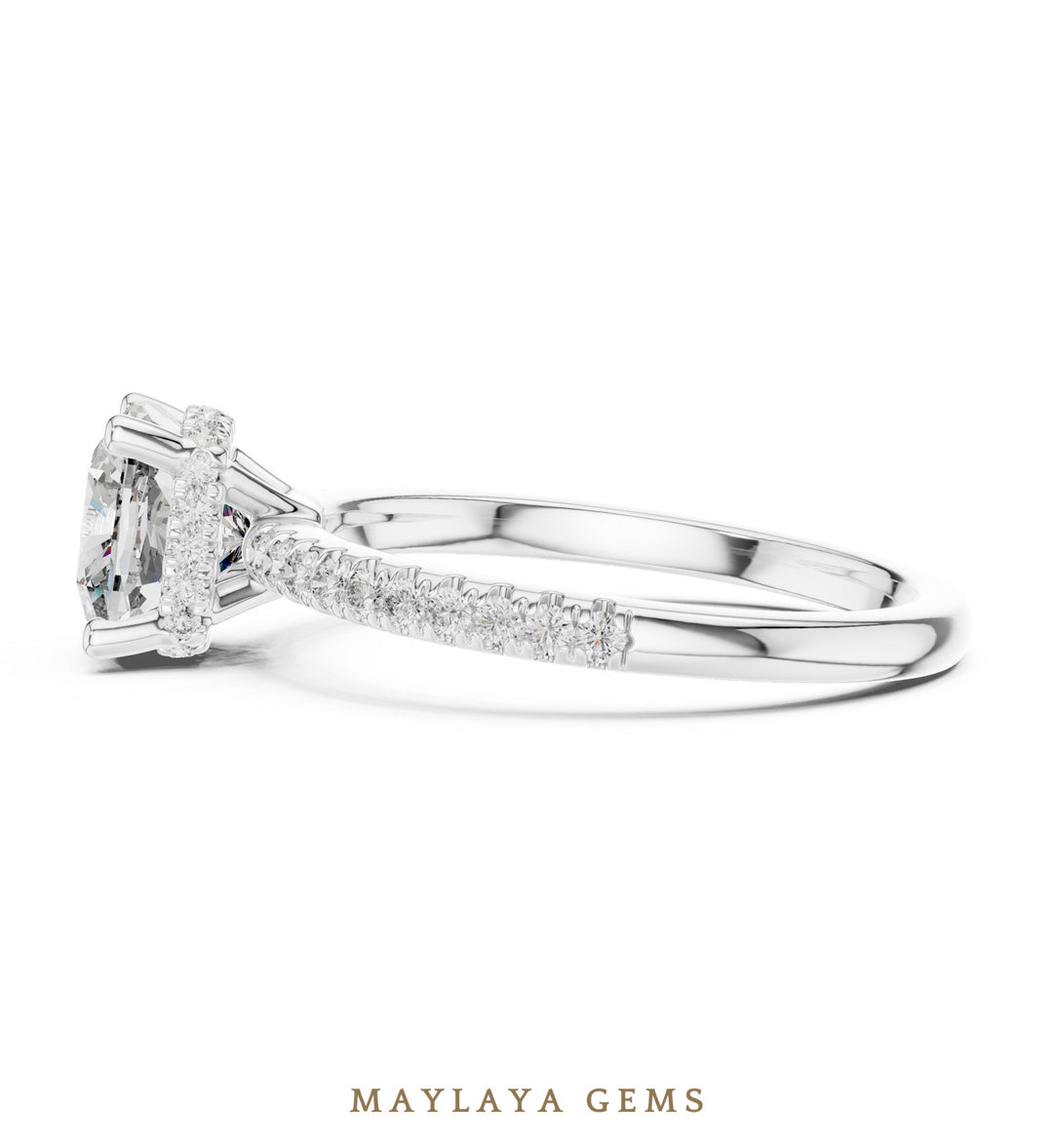 Maylaya Gems cushion hidden halo lab-grown diamond ring in white gold