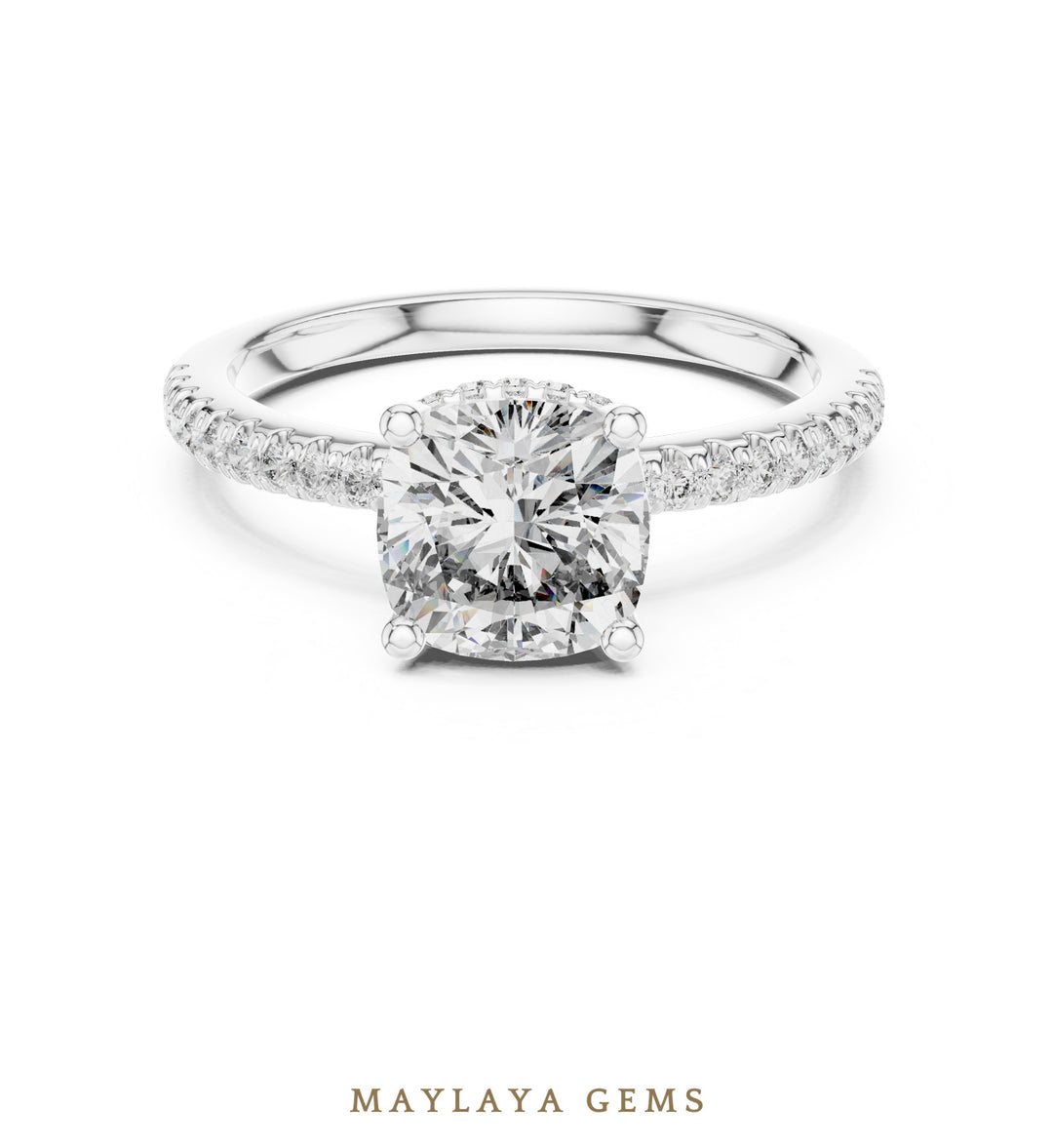 Maylaya Gems cushion hidden halo lab-grown diamond ring in white gold