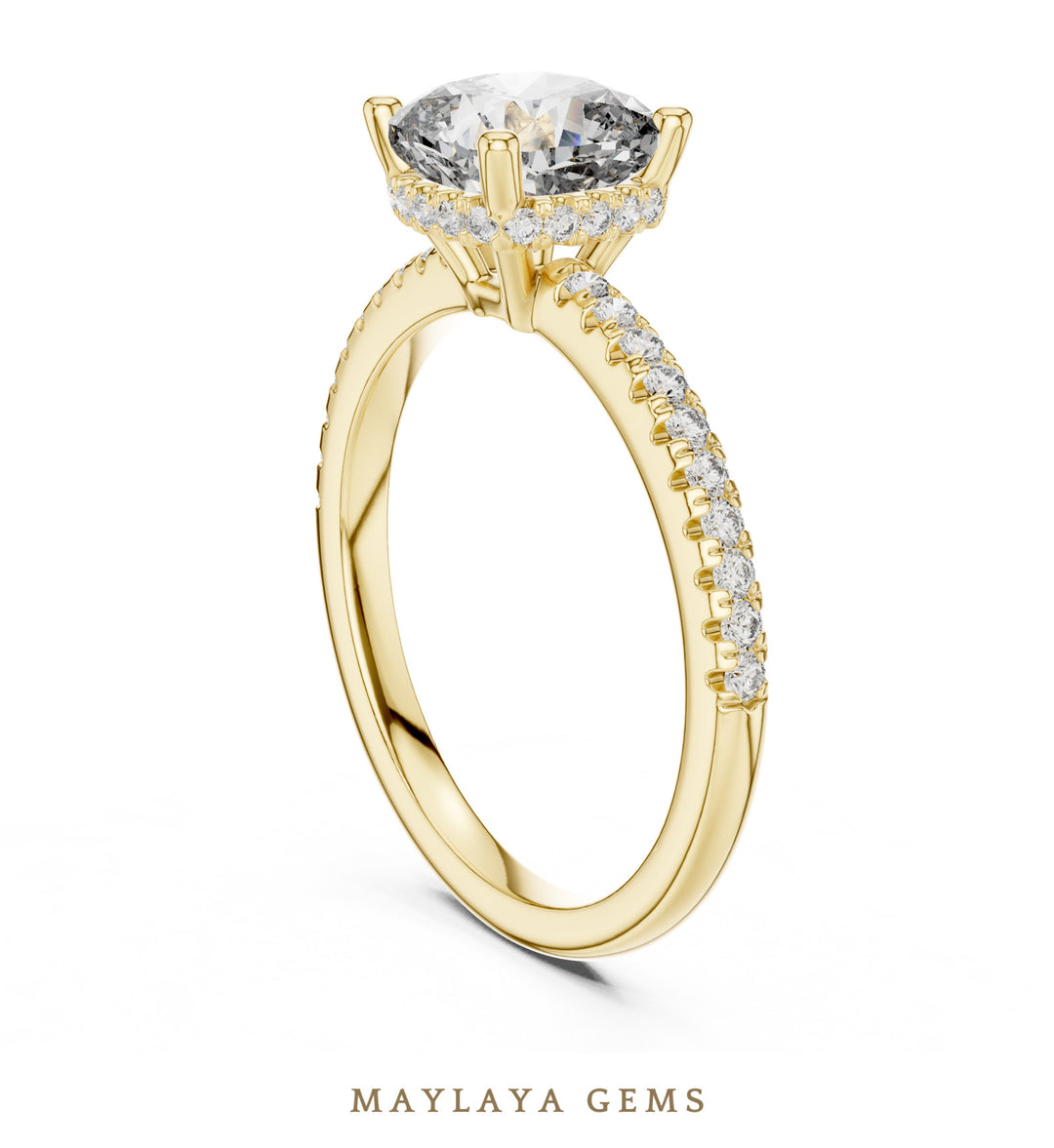 Maylaya Gems cushion hidden halo lab-grown diamond ring in yellow gold