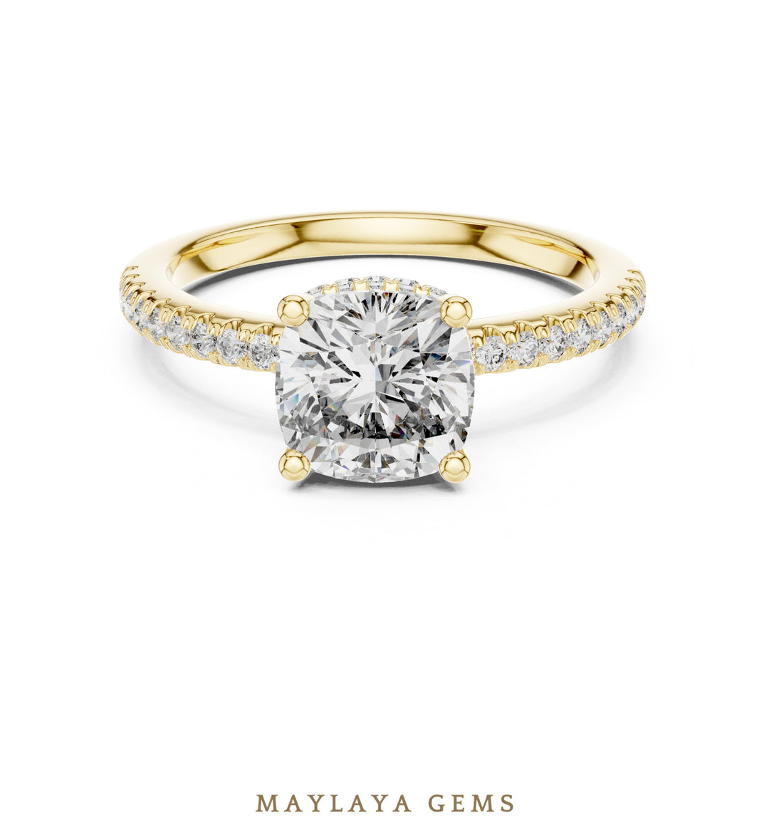 Maylaya Gems cushion hidden halo lab-grown diamond ring in yellow gold