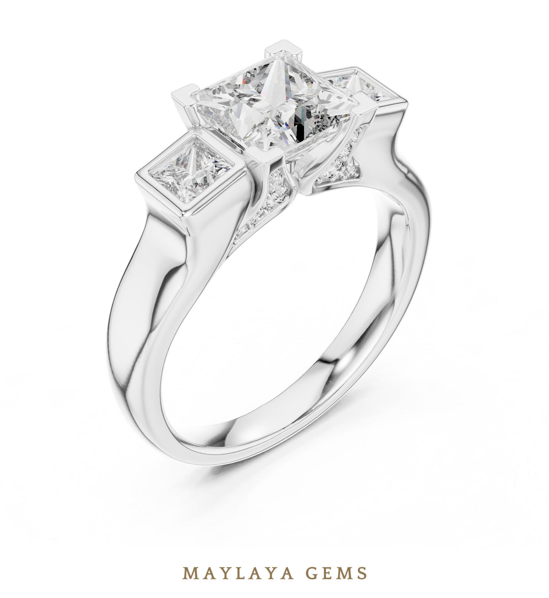 Maylaya Gems princess square bezel trilogy lab-grown diamond ring in white gold