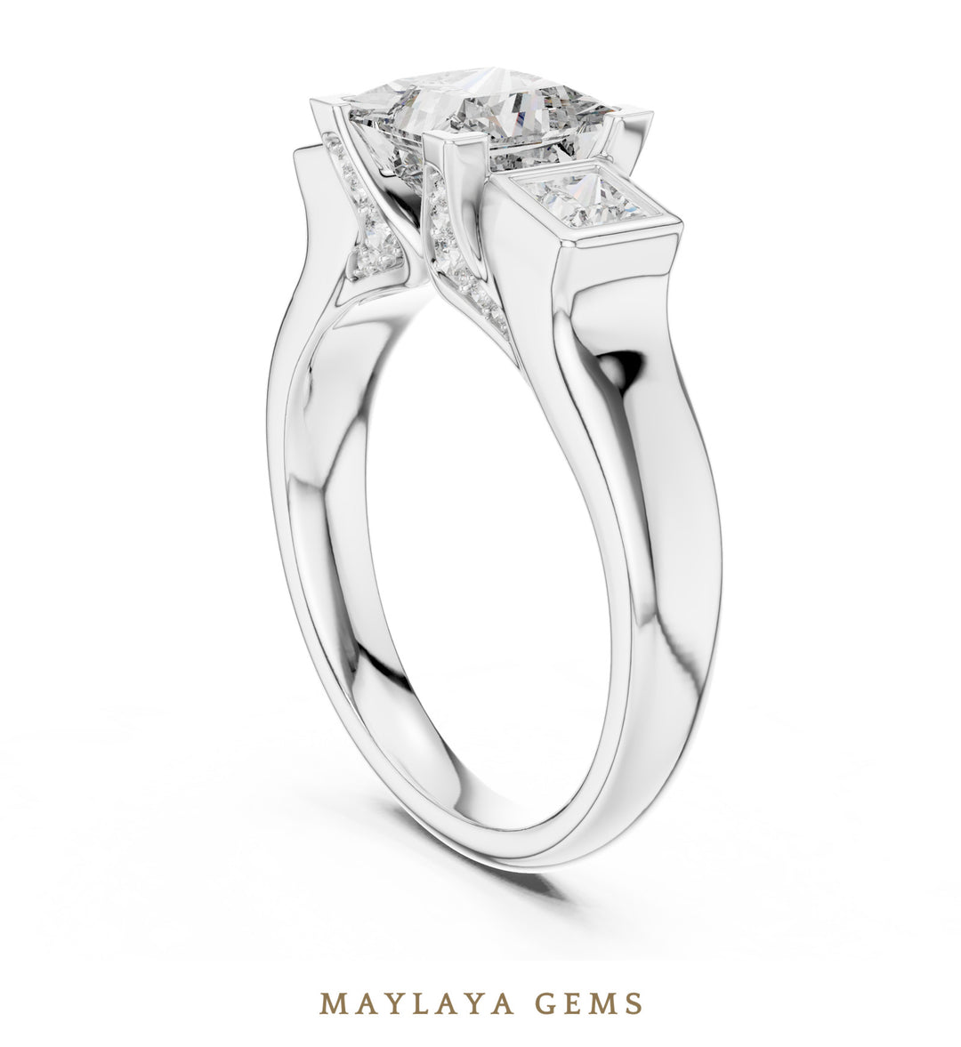 Maylaya Gems princess square bezel trilogy lab-grown diamond ring in white gold
