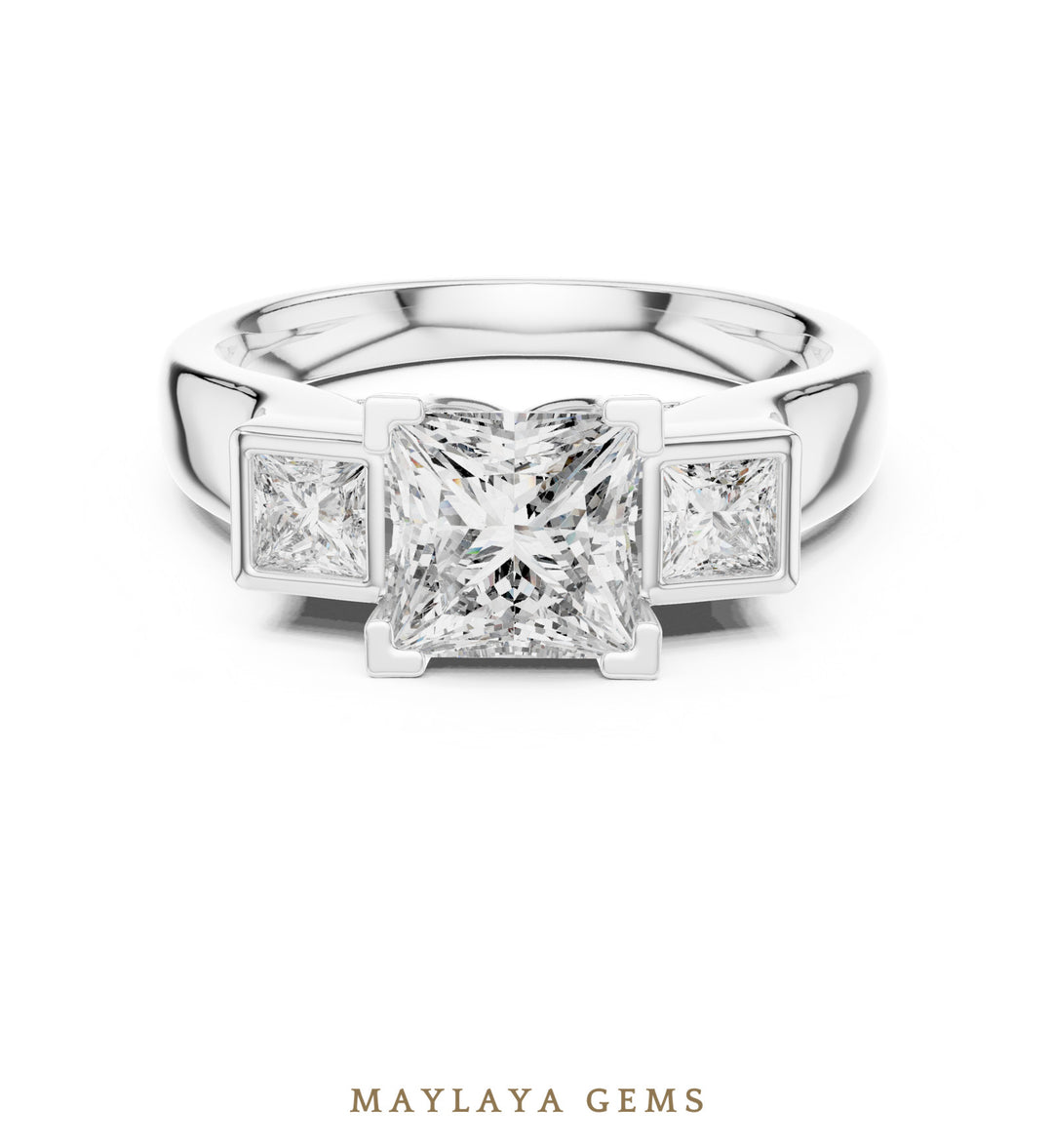 Maylaya Gems princess square bezel trilogy lab-grown diamond ring in white gold