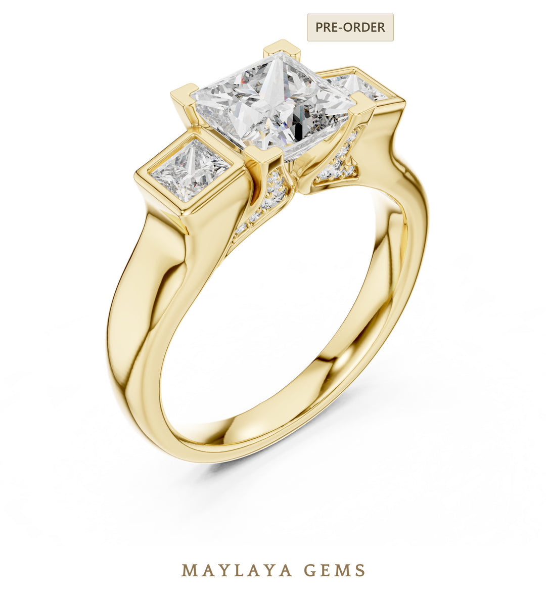 Maylaya Gems princess square bezel trilogy lab-grown diamond ring in yellow gold