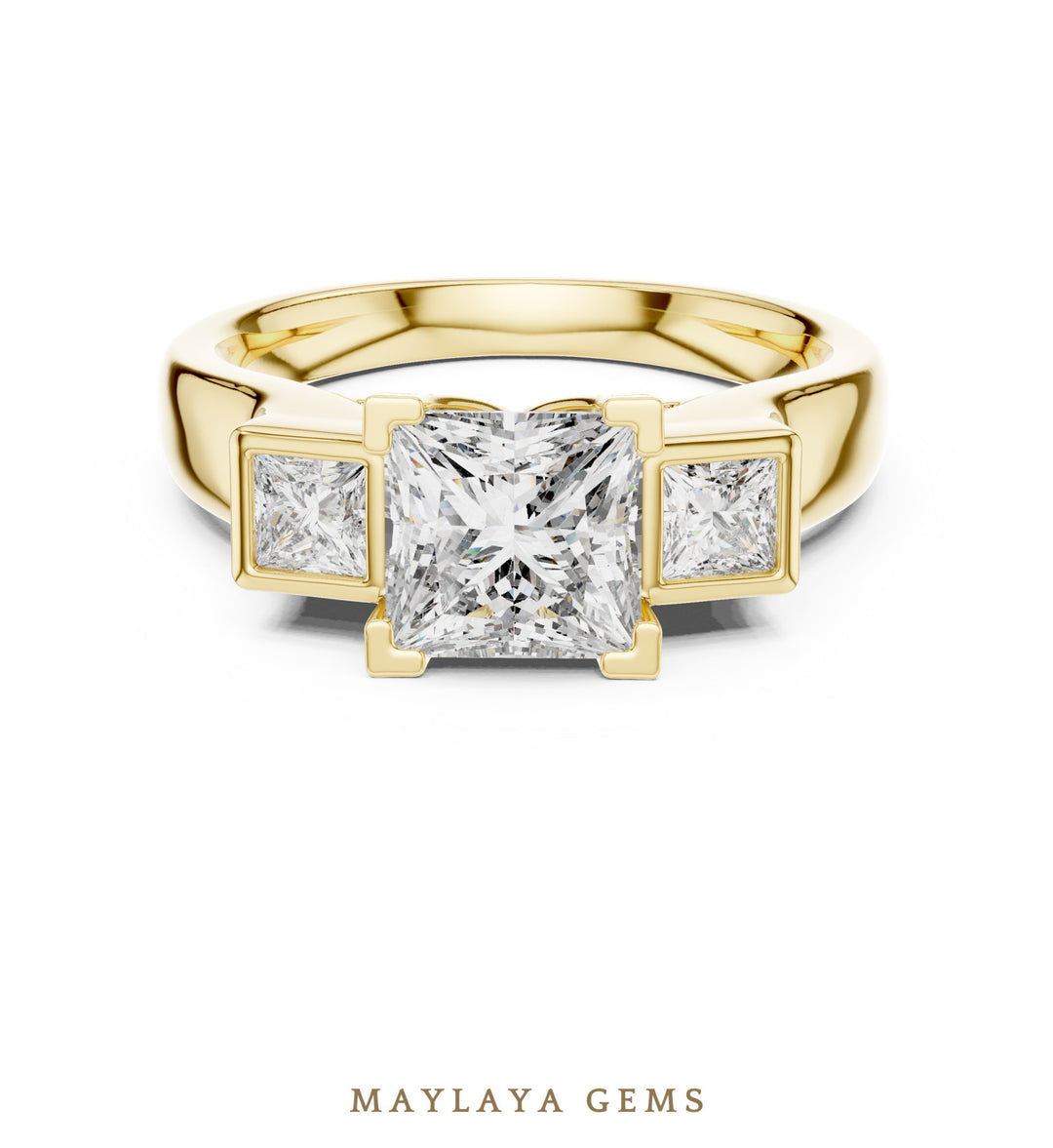 Maylaya Gems princess square bezel trilogy lab-grown diamond ring in yellow gold