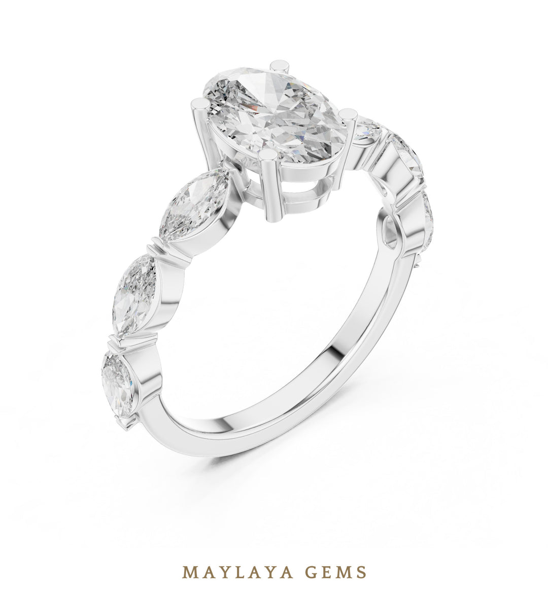 Maylaya Gems oval marquise bezel shoulder lab-grown diamond ring in white gold