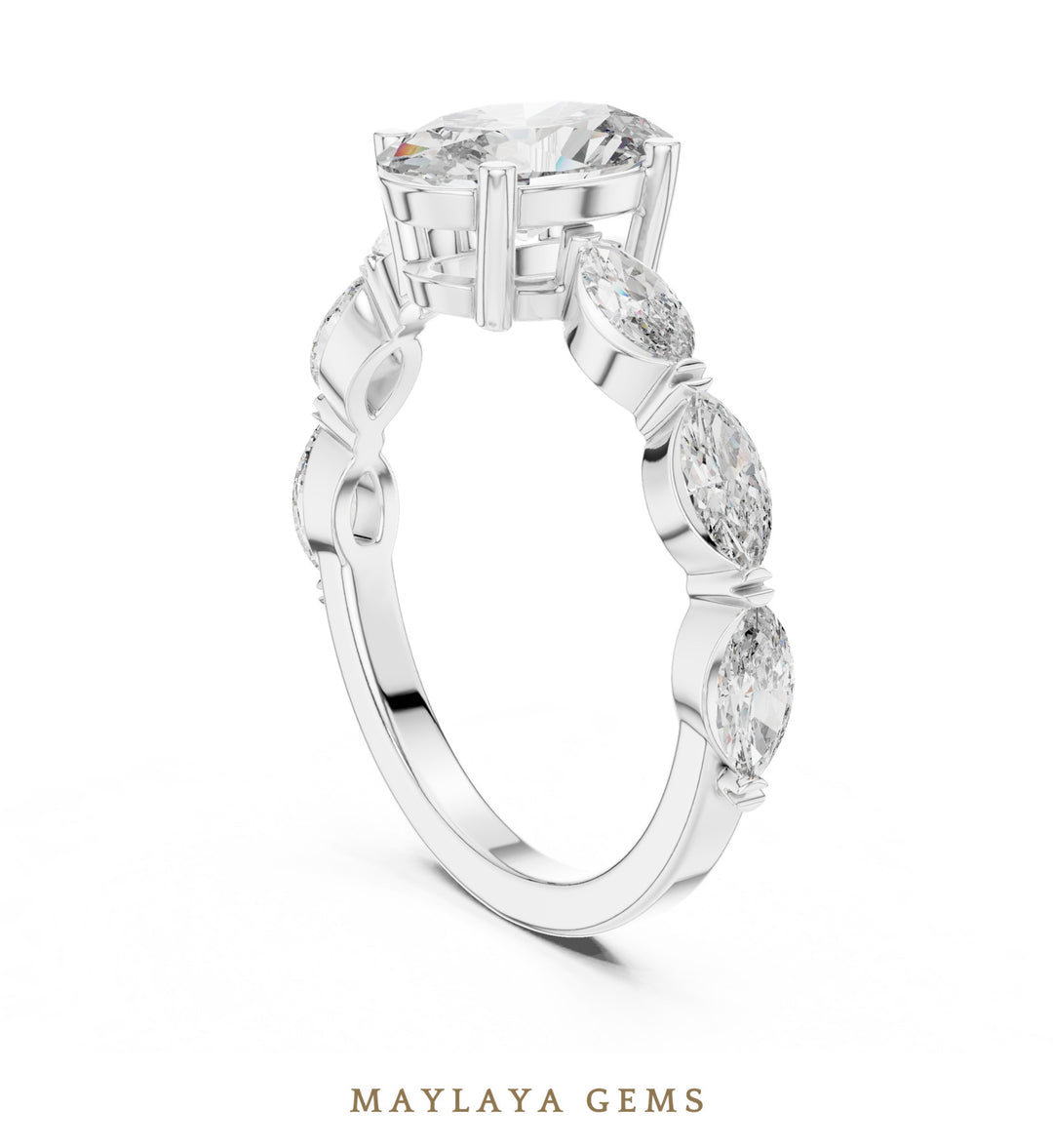 Maylaya Gems oval marquise bezel shoulder lab-grown diamond ring in white gold