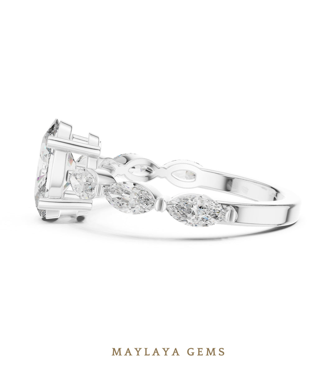 Maylaya Gems oval marquise bezel shoulder lab-grown diamond ring in white gold