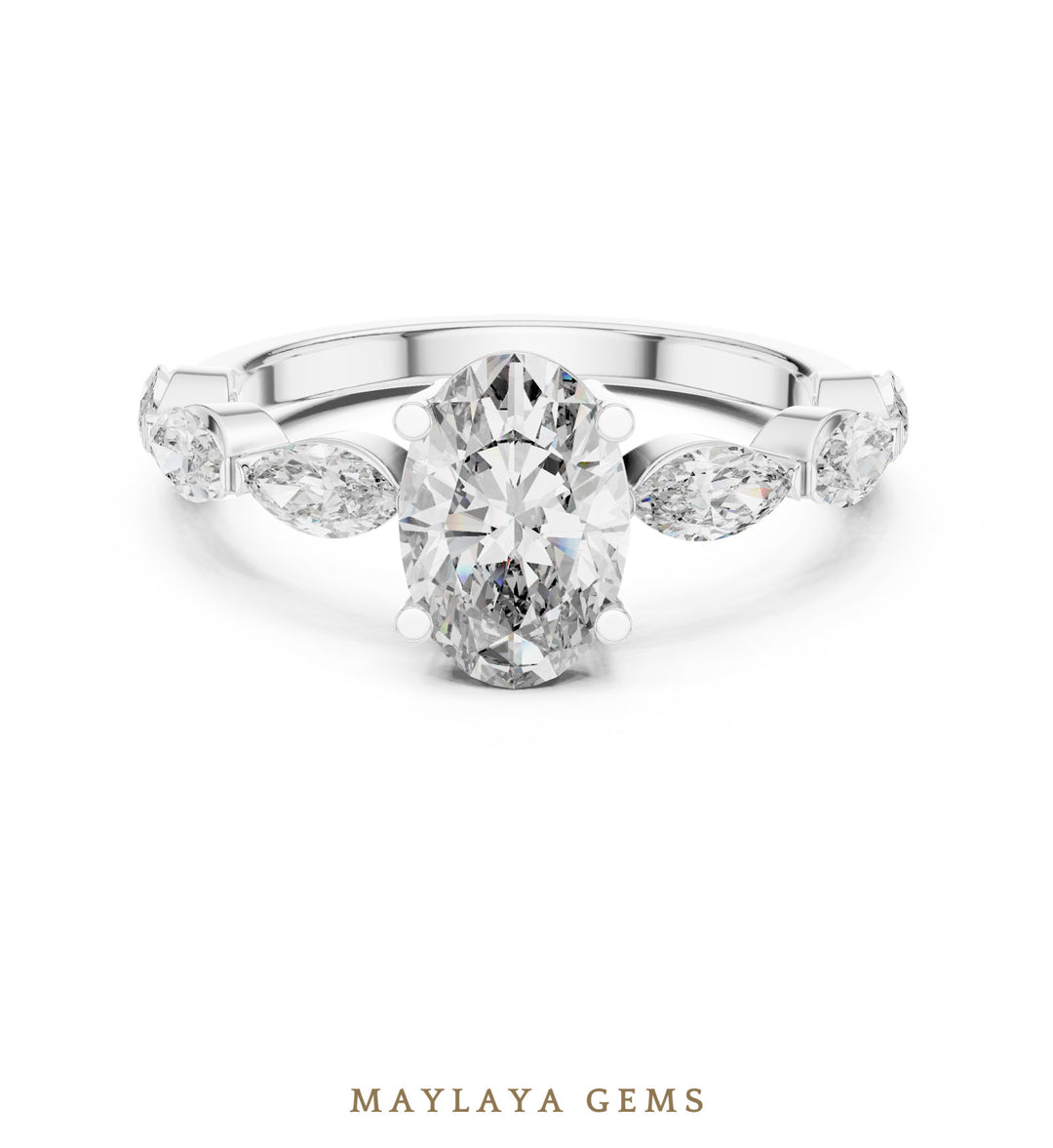 Maylaya Gems oval marquise bezel shoulder lab-grown diamond ring in white gold