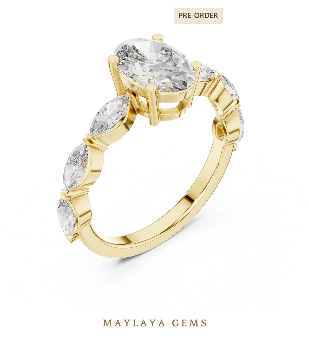 Maylaya Gems oval marquise bezel shoulder lab-grown diamond ring in yellow gold