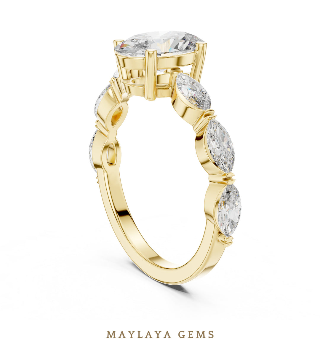 Maylaya Gems oval marquise bezel shoulder lab-grown diamond ring in yellow gold