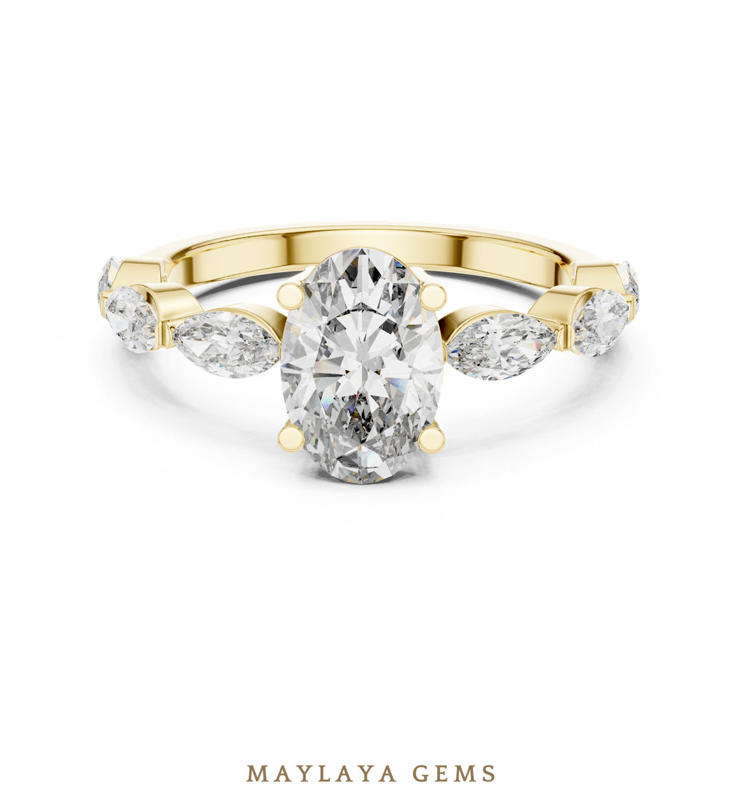 Maylaya Gems oval marquise bezel shoulder lab-grown diamond ring in yellow gold