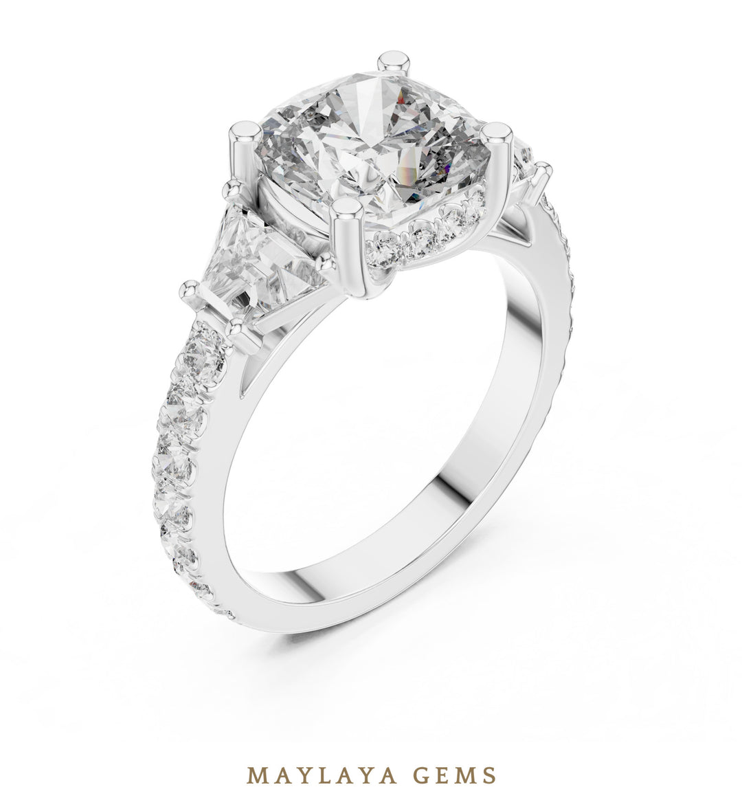 Maylaya Gems cushion baguette trilogy lab-grown diamond ring in white gold