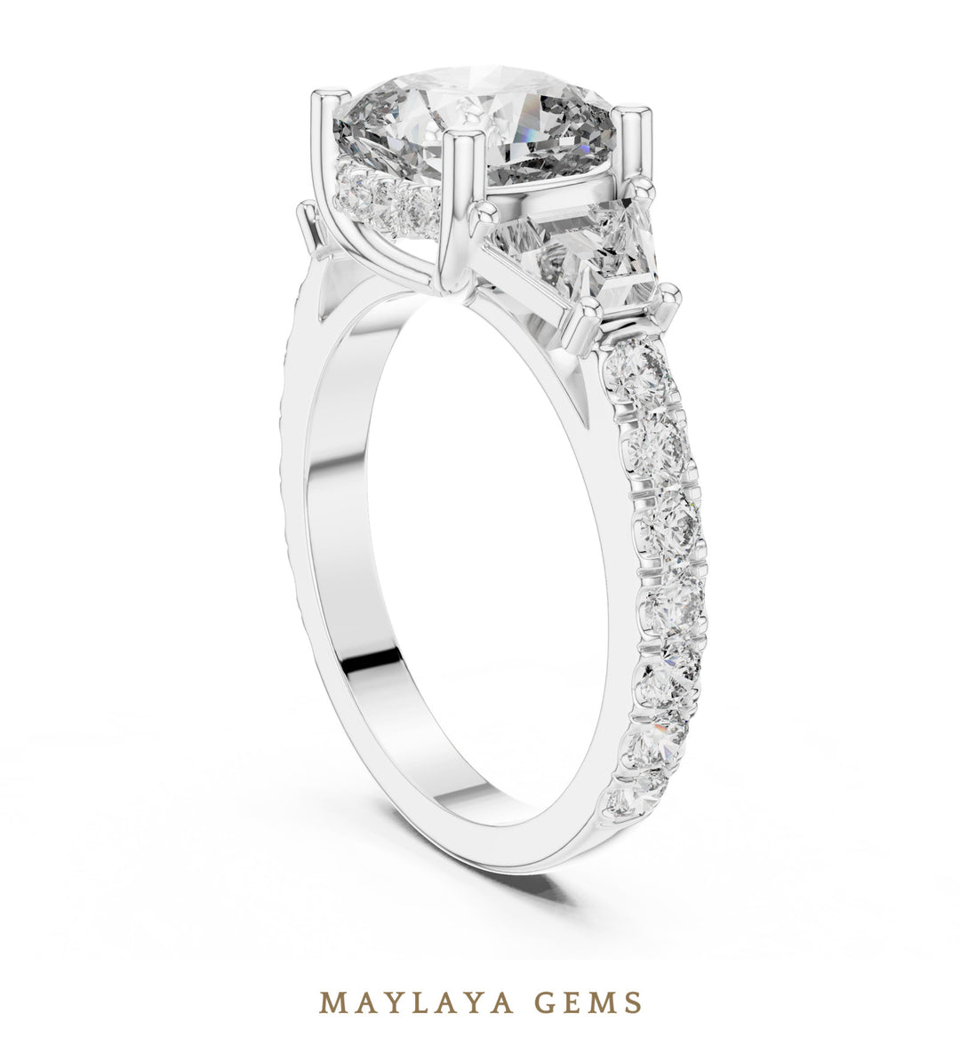 Maylaya Gems cushion baguette trilogy lab-grown diamond ring in white gold