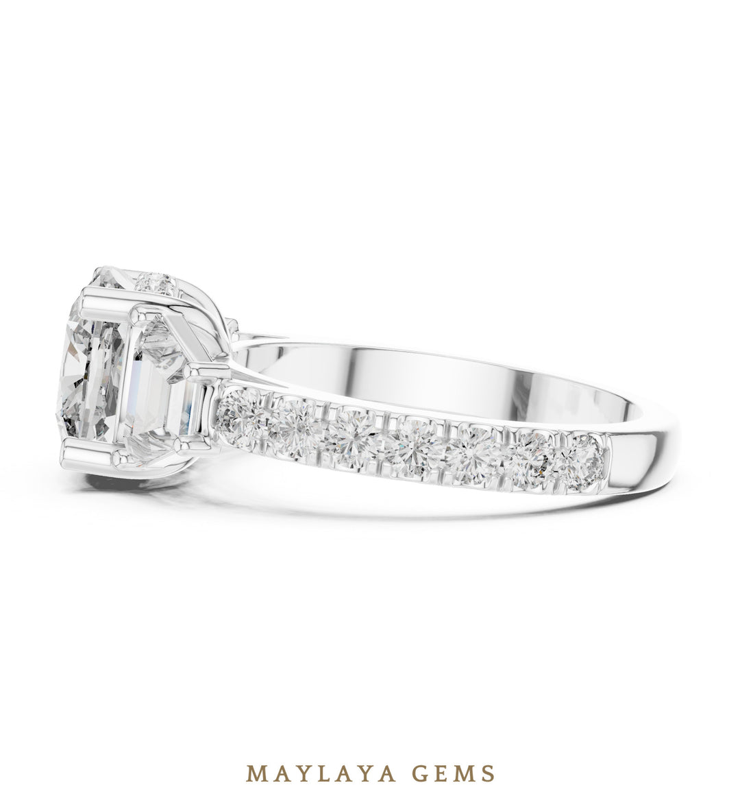 Maylaya Gems cushion baguette trilogy lab-grown diamond ring in white gold
