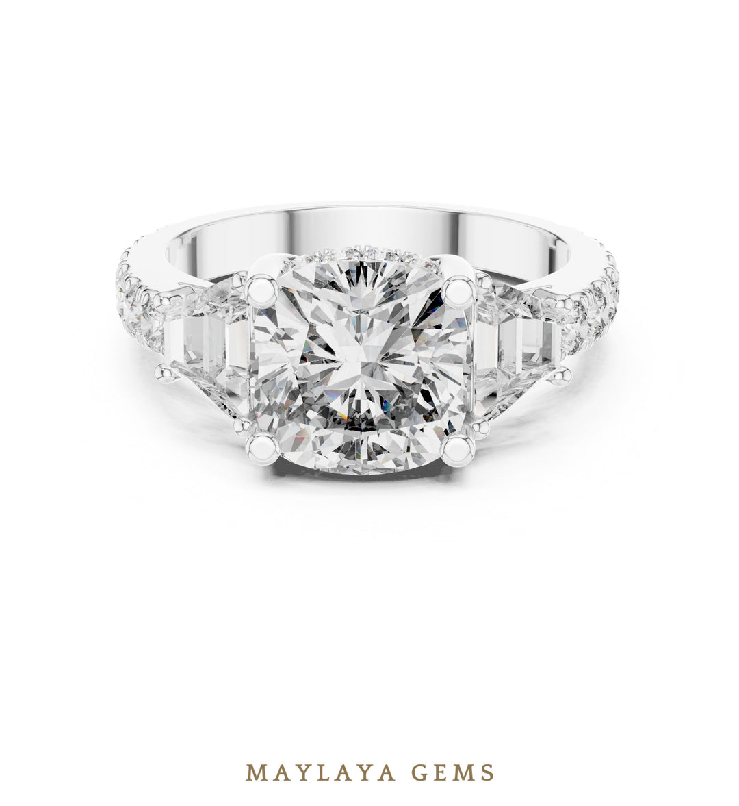 Maylaya Gems cushion baguette trilogy lab-grown diamond ring in white gold