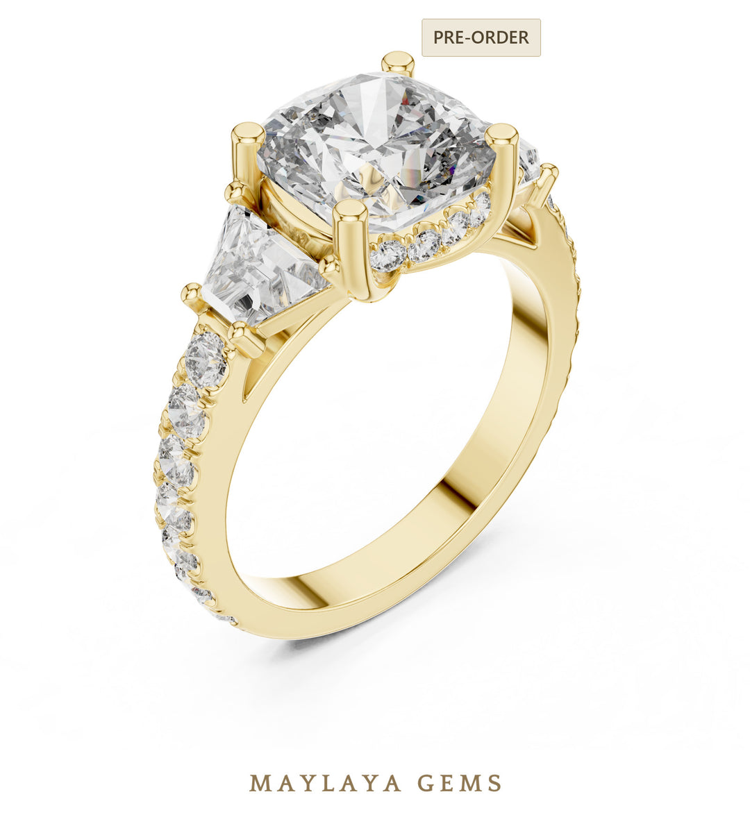 Maylaya Gems cushion baguette trilogy lab-grown diamond ring in yellow gold