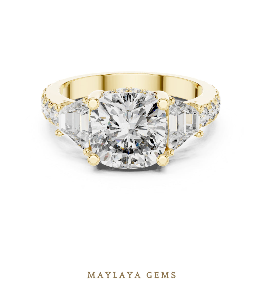 Maylaya Gems cushion baguette trilogy lab-grown diamond ring in yellow gold
