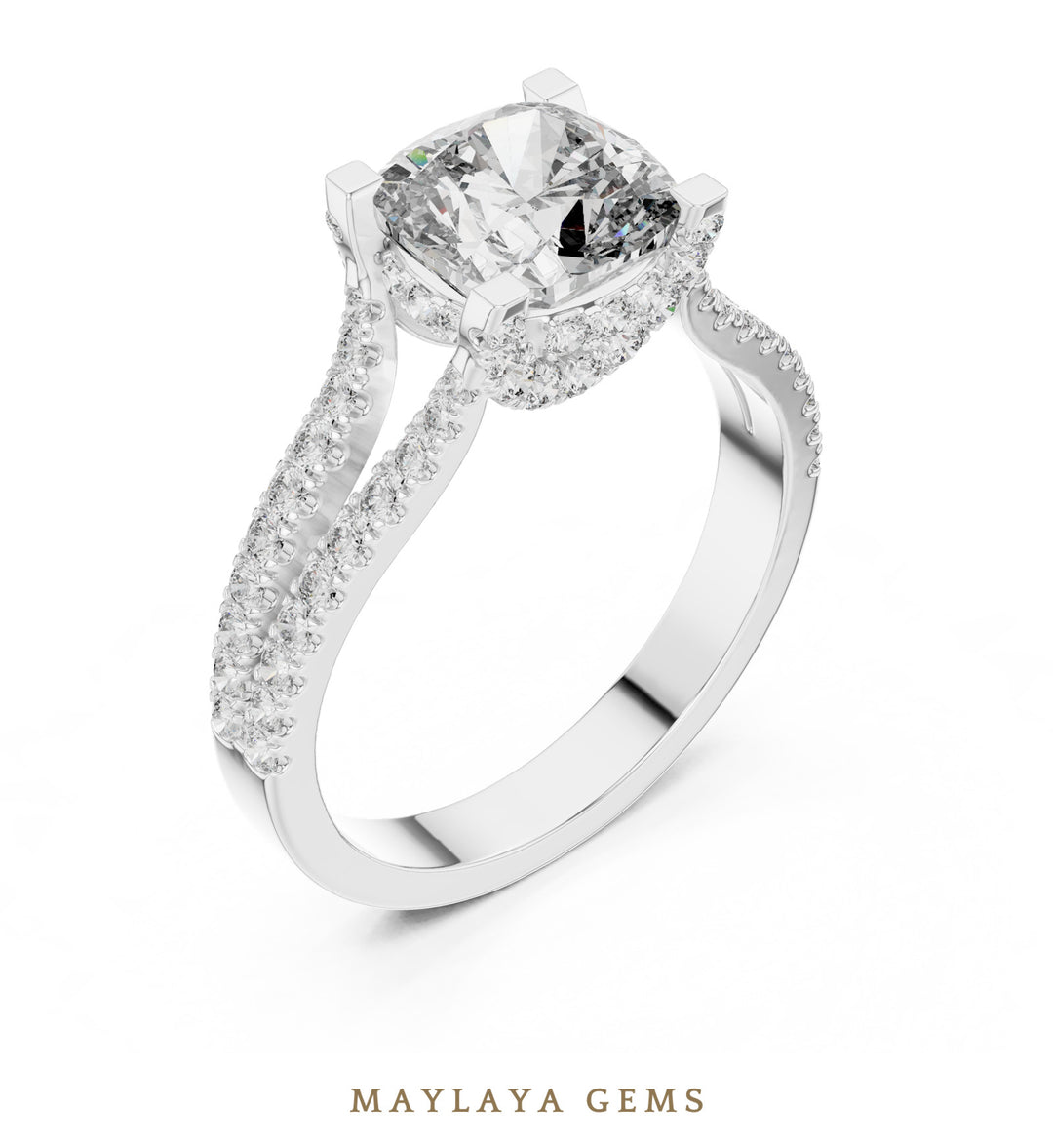 Maylaya Gems cushion open pave rails lab-grown diamond ring in white gold
