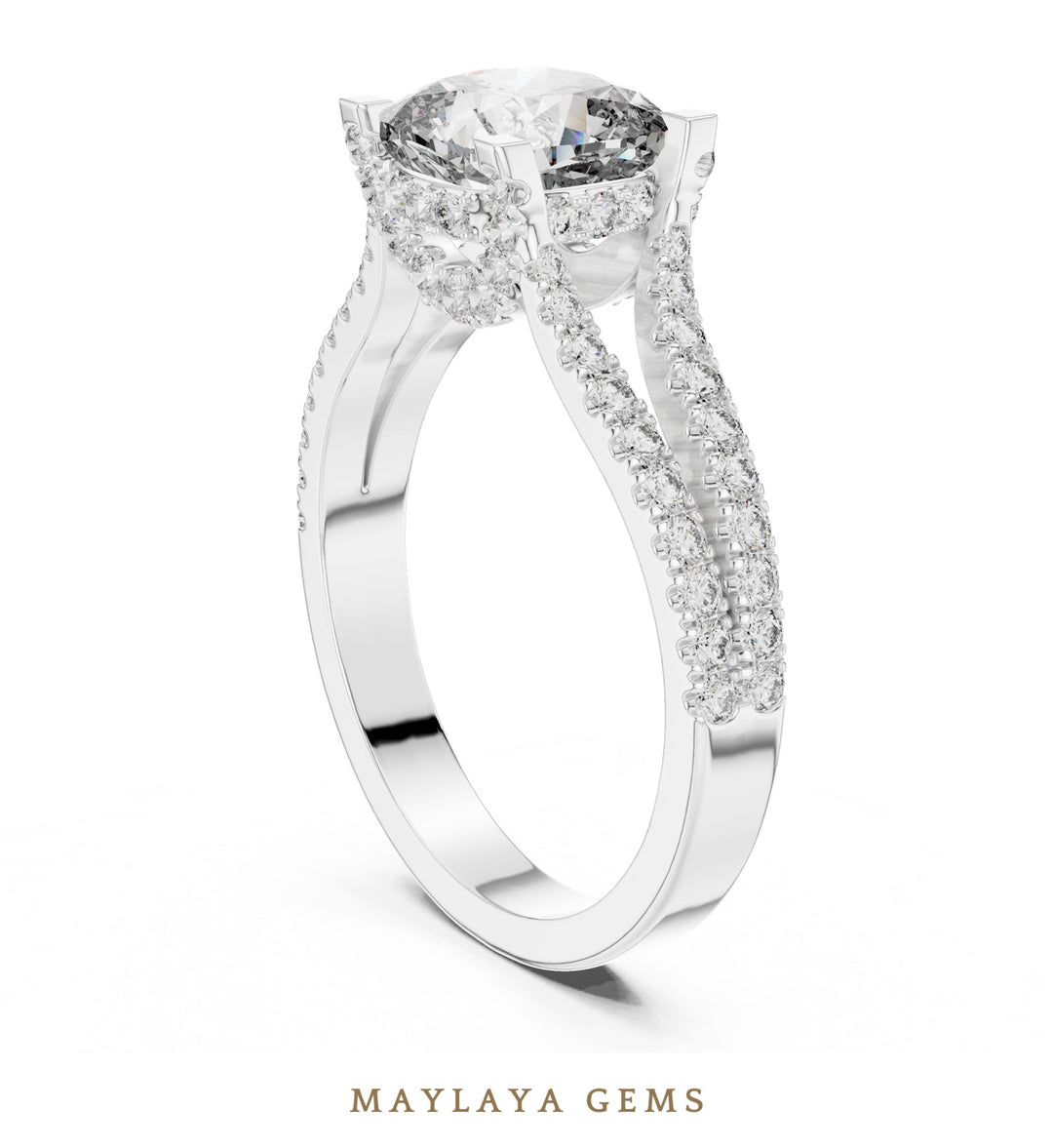 Maylaya Gems cushion open pave rails lab-grown diamond ring in white gold