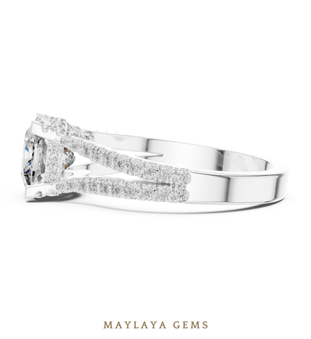 Maylaya Gems cushion open pave rails lab-grown diamond ring in white gold