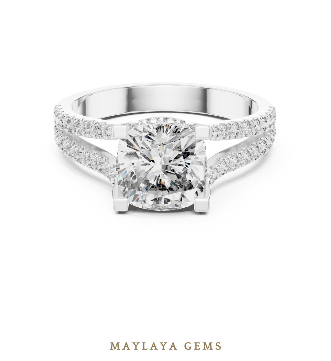 Maylaya Gems cushion open pave rails lab-grown diamond ring in white gold