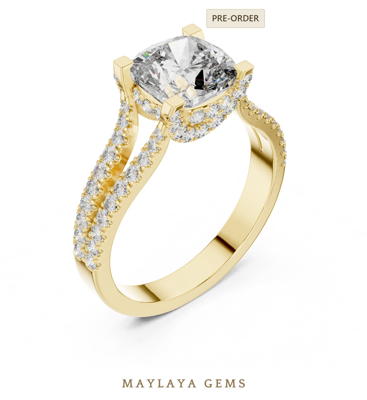 Maylaya gems cushion open pave rails lab grown diamond ring in yellow gold