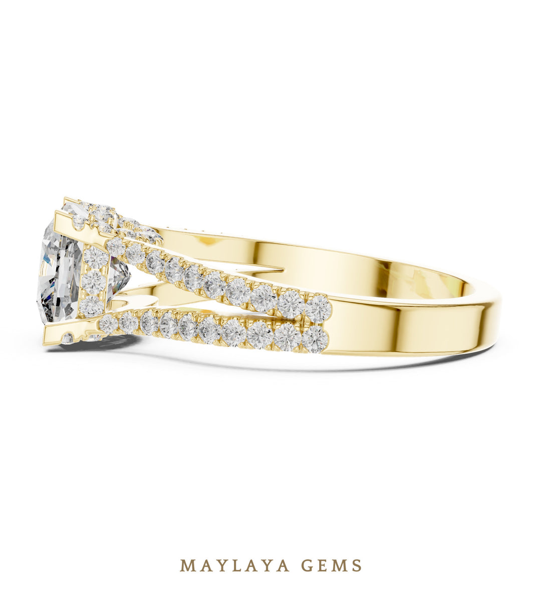 Maylaya Gems cushion open pave rails lab-grown diamond ring in yellow gold