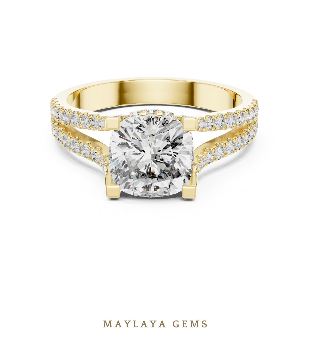 Maylaya Gems cushion open pave rails lab-grown diamond ring in yellow gold