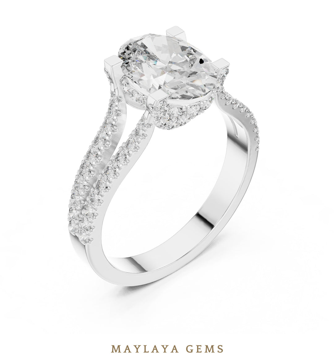 Maylaya Gems oval open pave rails lab-grown diamond ring in white gold