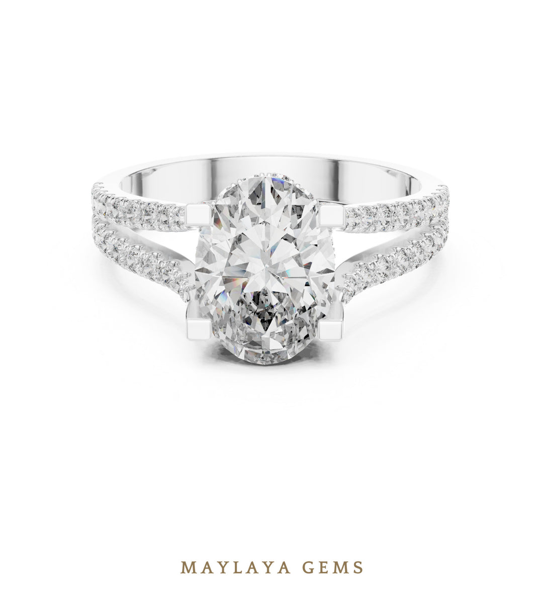 Maylaya Gems oval open pave rails lab-grown diamond ring in white gold