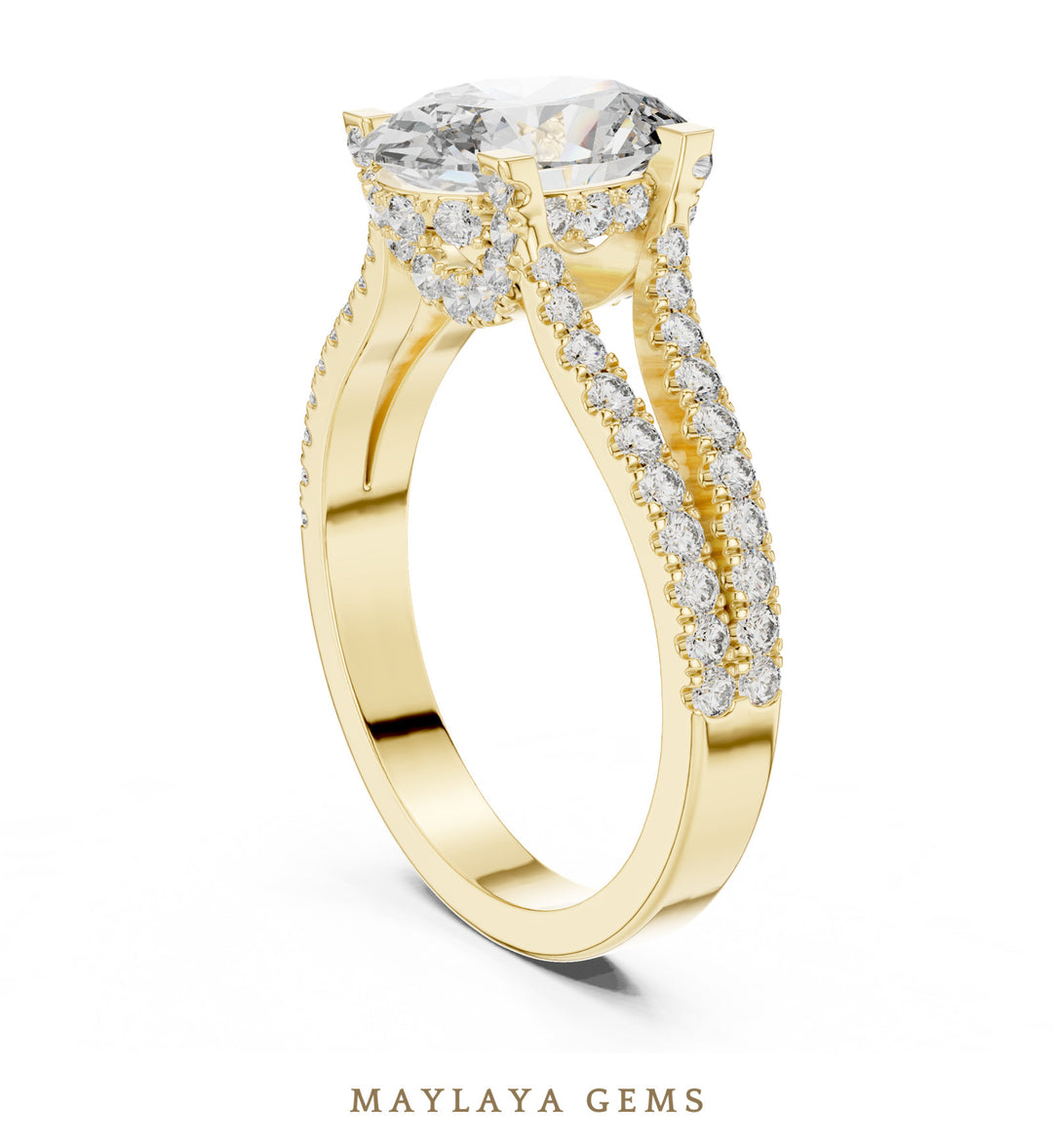 Maylaya Gems oval open pave rails lab-grown diamond ring in yellow gold