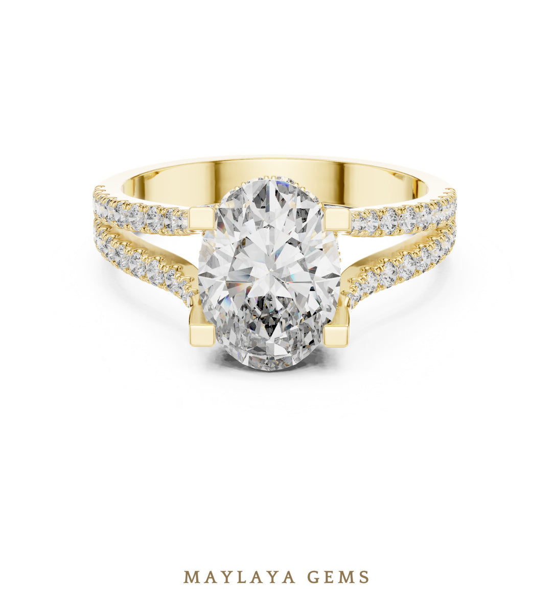 Maylaya Gems oval open pave rails lab-grown diamond ring in yellow gold