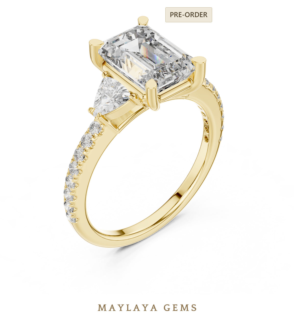 Maylaya gems emerald trillion trilogy lab grown diamond ring in yellow gold