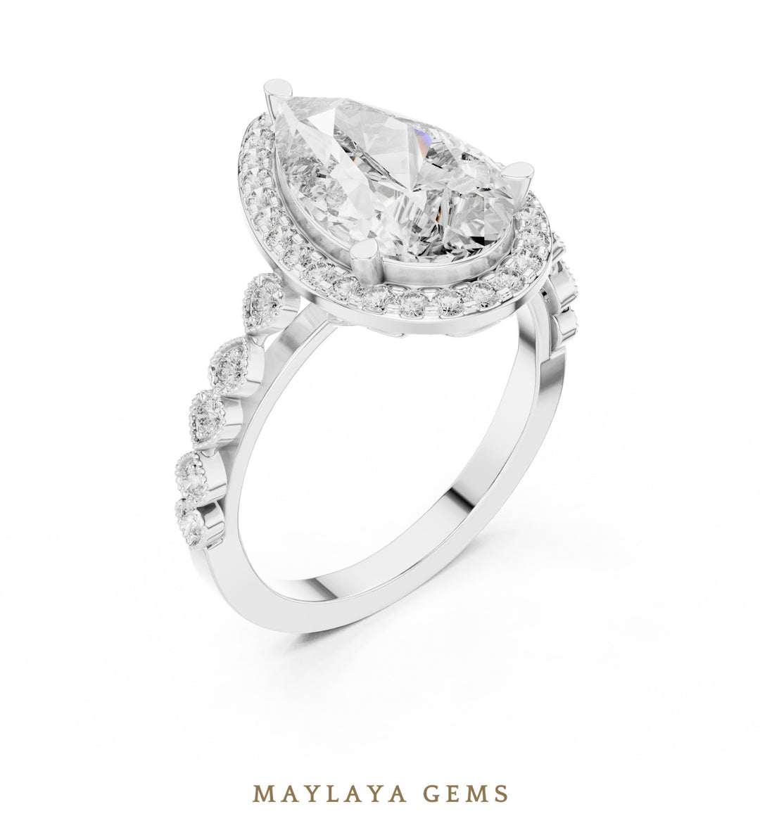 Maylaya Gems pear halo bezel accent lab-grown diamond ring in white gold