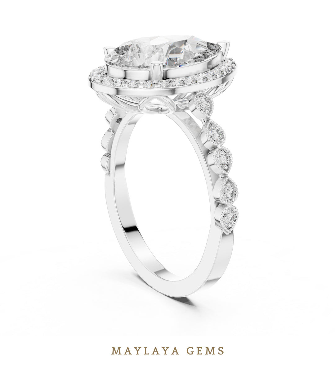 Maylaya Gems pear halo bezel accent lab-grown diamond ring in white gold