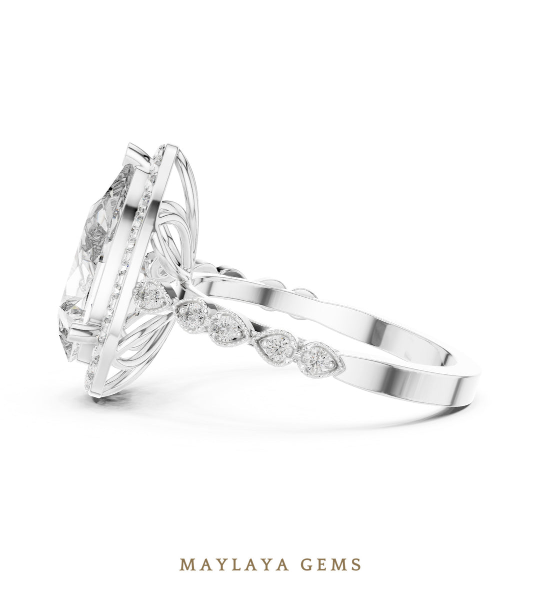 Maylaya Gems pear halo bezel accent lab-grown diamond ring in white gold