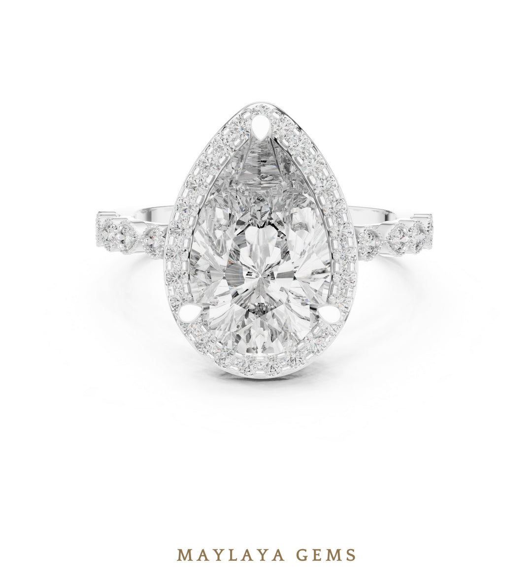 Maylaya Gems pear halo bezel accent lab-grown diamond ring in white gold