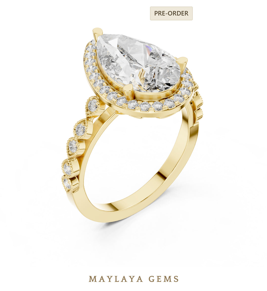Maylaya Gems pear halo bezel accent lab-grown diamond ring in yellow gold