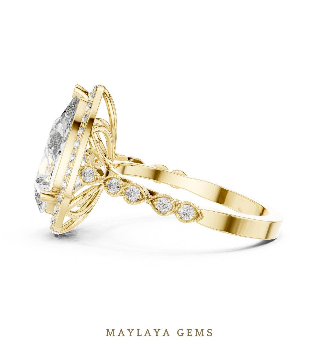 Maylaya Gems pear halo bezel accent lab-grown diamond ring in yellow gold