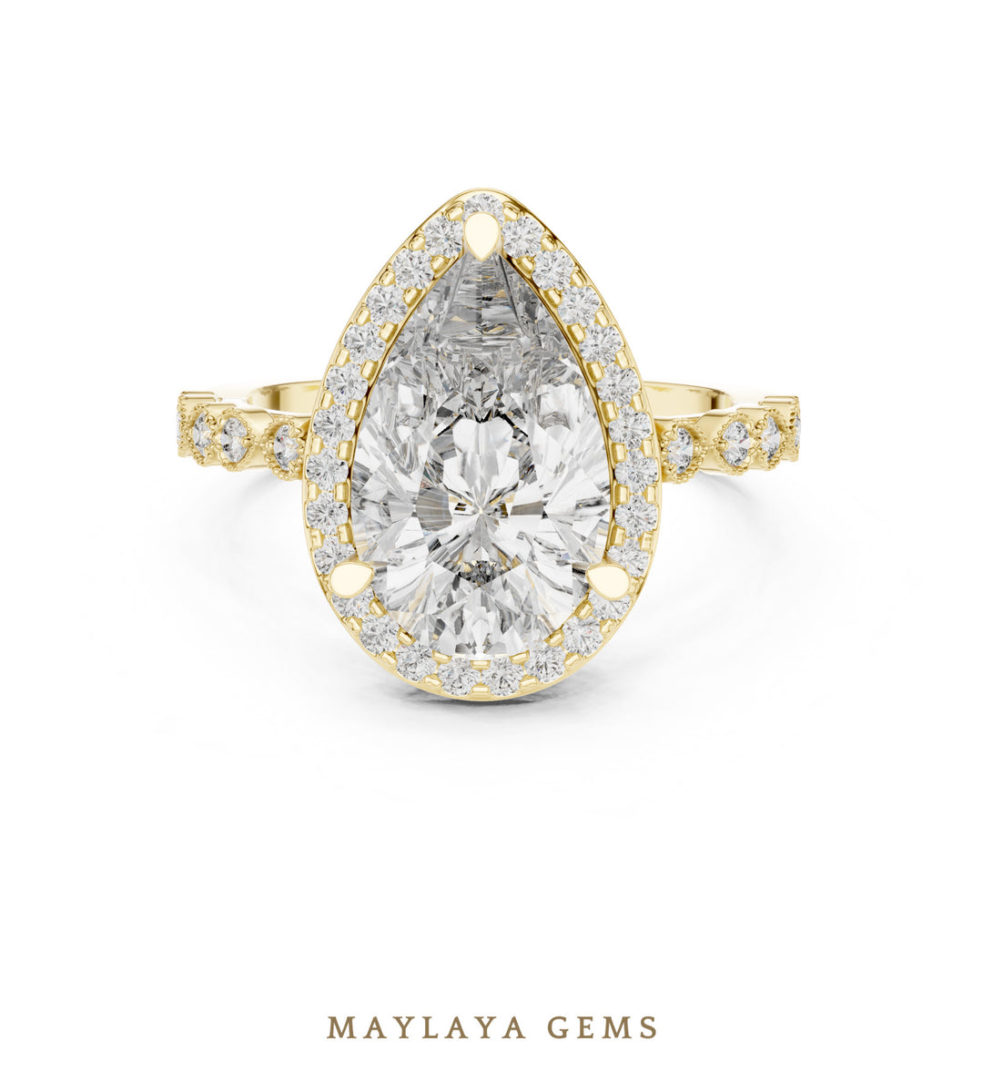 Maylaya Gems pear halo bezel accent lab-grown diamond ring in yellow gold