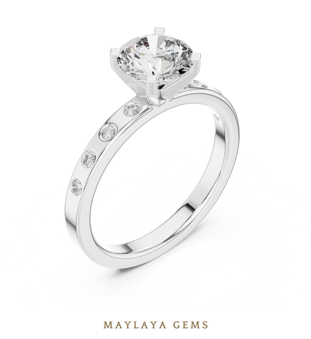 Maylaya Gems round flush accent lab-grown diamond ring in white gold