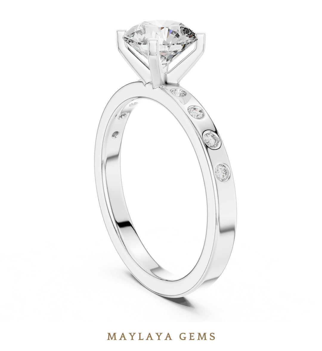 Maylaya Gems round flush accent lab-grown diamond ring in white gold