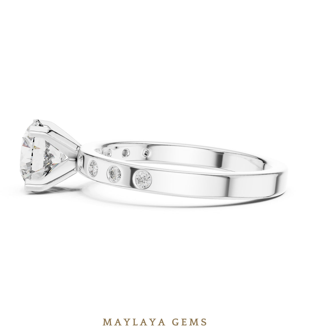 Maylaya Gems round flush accent lab-grown diamond ring in white gold
