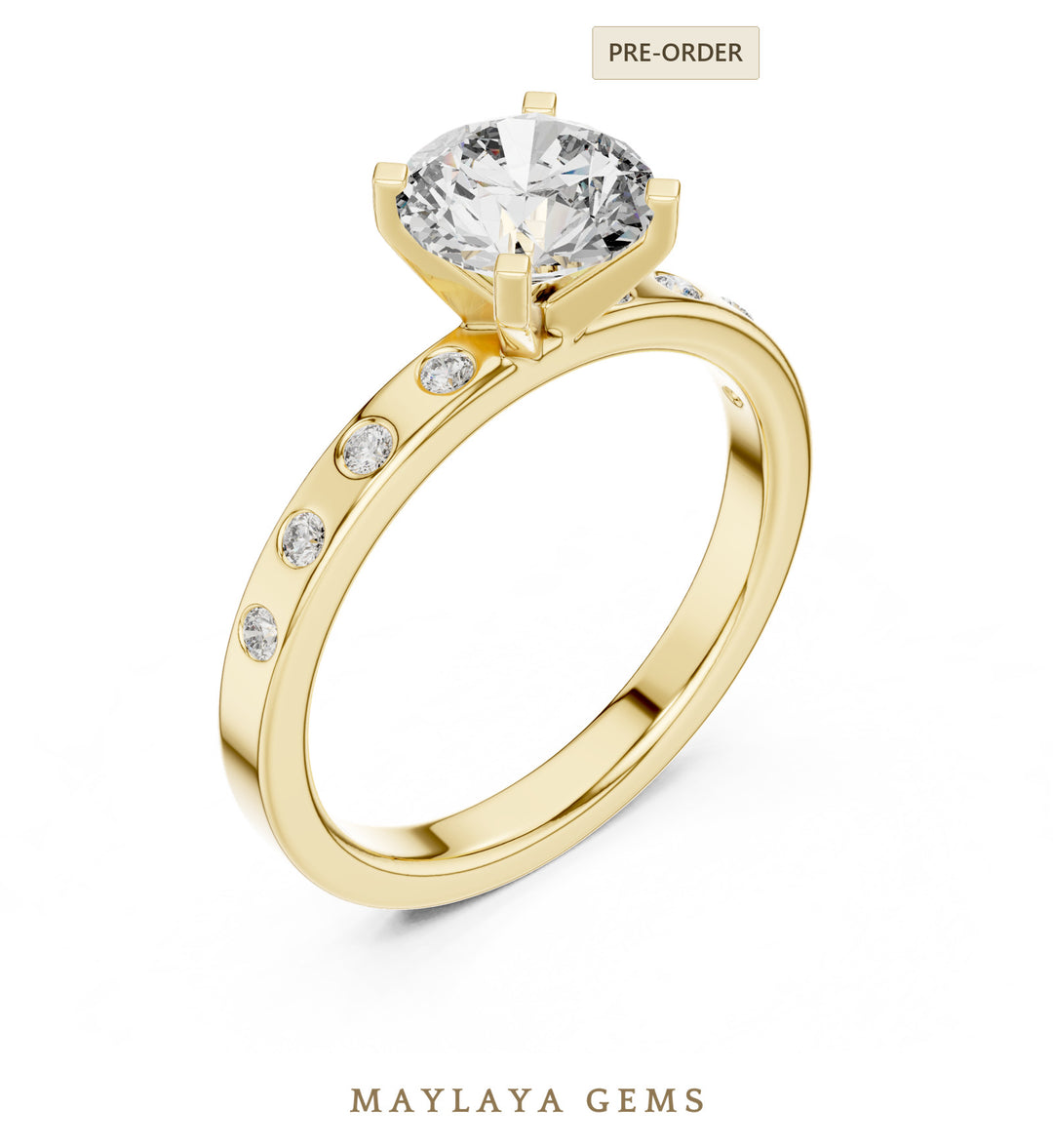 Maylaya Gems round flush accent lab-grown diamond ring in yellow gold
