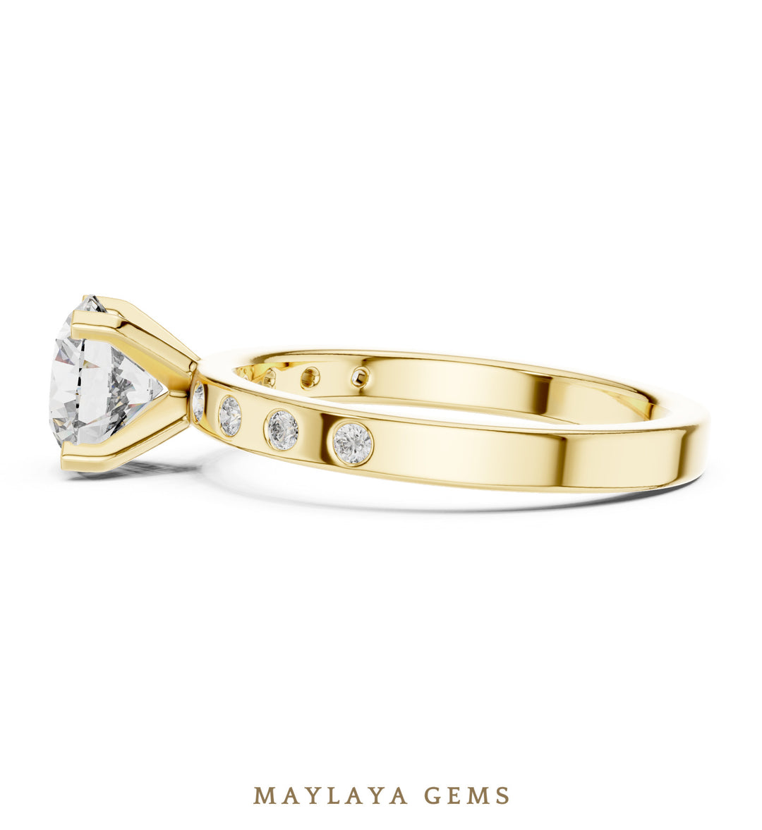 Maylaya Gems round flush accent lab-grown diamond ring in yellow gold