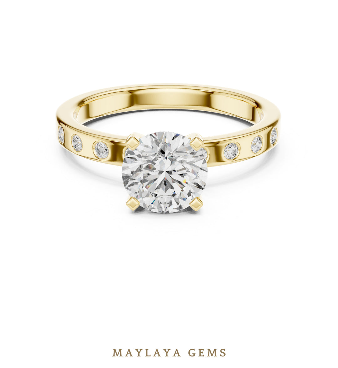 Maylaya Gems round flush accent lab-grown diamond ring in yellow gold
