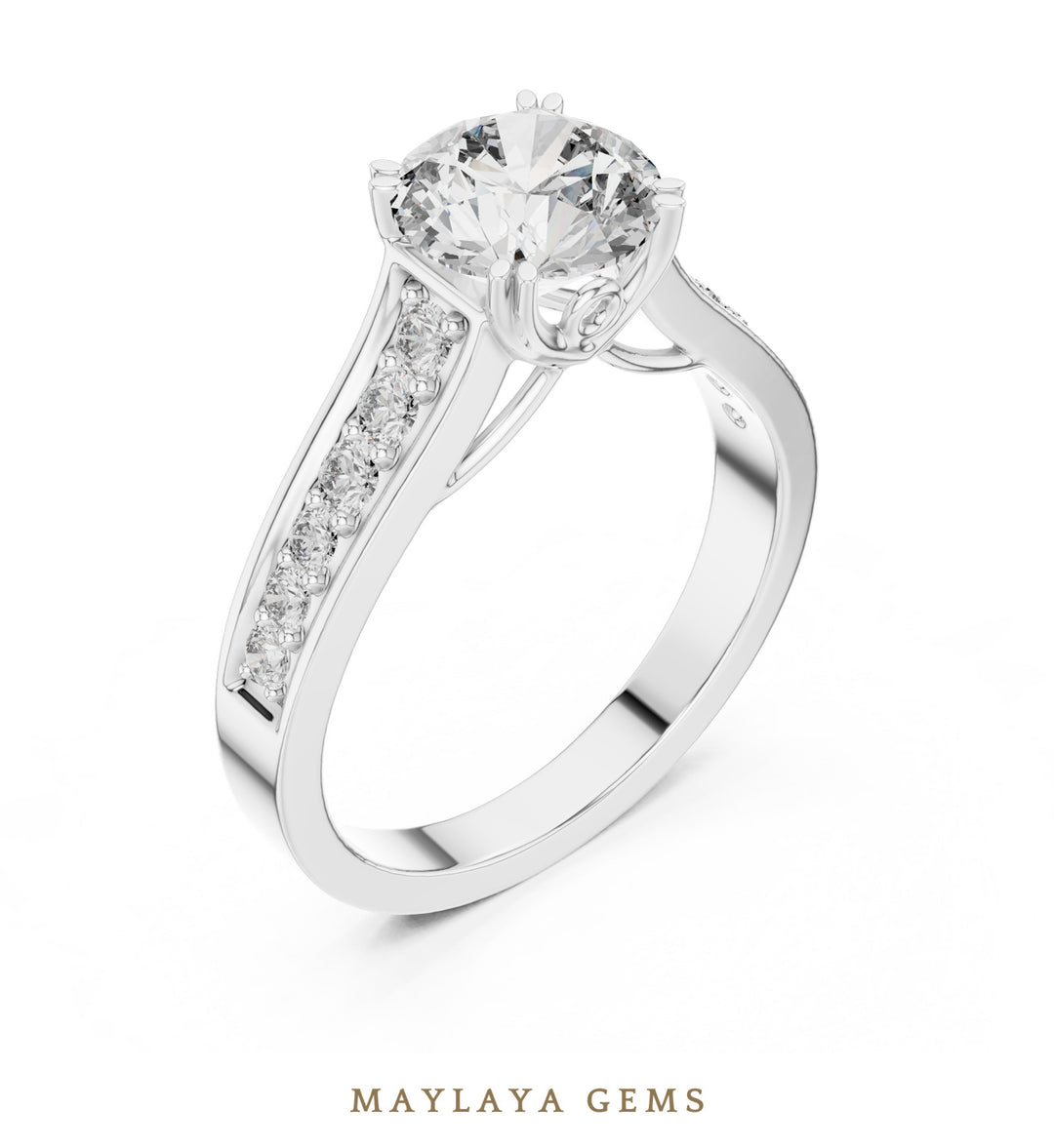 Maylaya Gems round scroll gallery channel lab-grown diamond ring in white gold